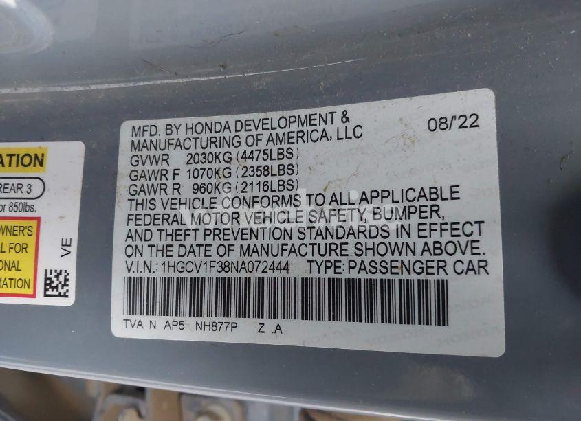 Photo 9 of 2022 Honda Accord SPORT (VIN 1HGCV1F38NA072444)