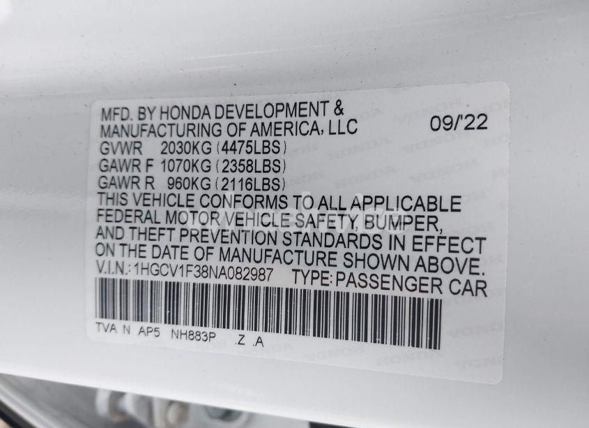 Photo 9 of 2022 Honda Accord SPORT (VIN 1HGCV1F38NA082987)