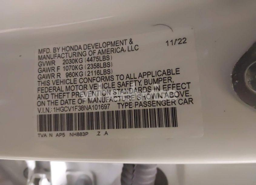 Photo 9 of 2022 Honda Accord SPORT (VIN 1HGCV1F38NA101697)