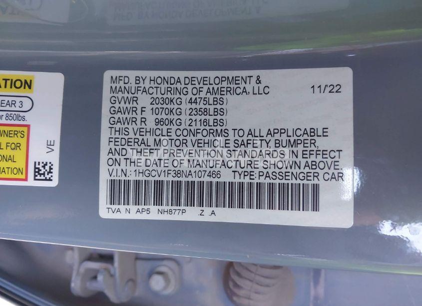 Photo 9 of 2022 Honda Accord SPORT (VIN 1HGCV1F38NA107466)