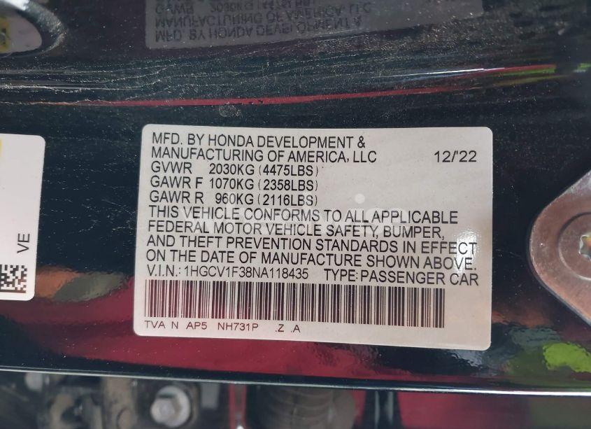 Photo 9 of 2022 Honda Accord SPORT (VIN 1HGCV1F38NA118435)