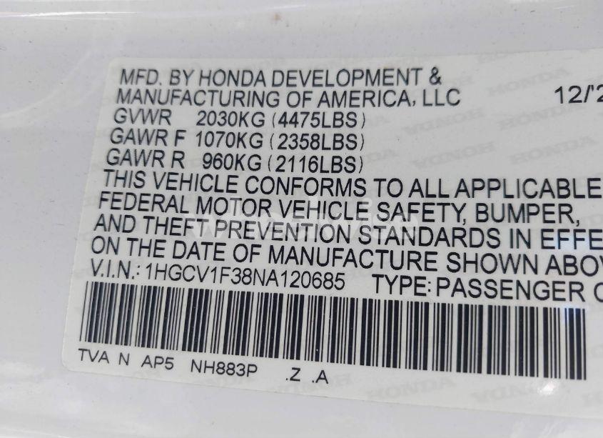 Photo 9 of 2022 Honda Accord SPORT (VIN 1HGCV1F38NA120685)