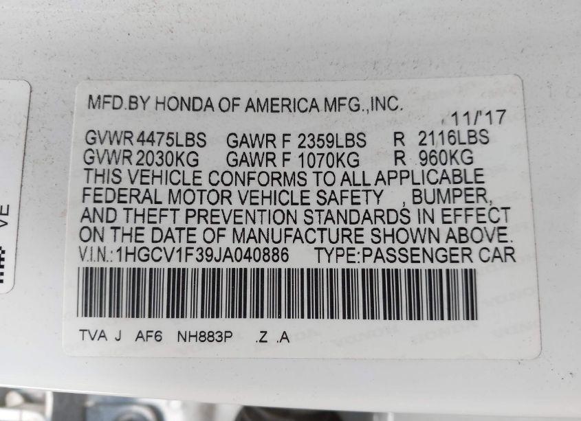 Photo 9 of 2018 Honda Accord SPORT (VIN 1HGCV1F39JA040886)