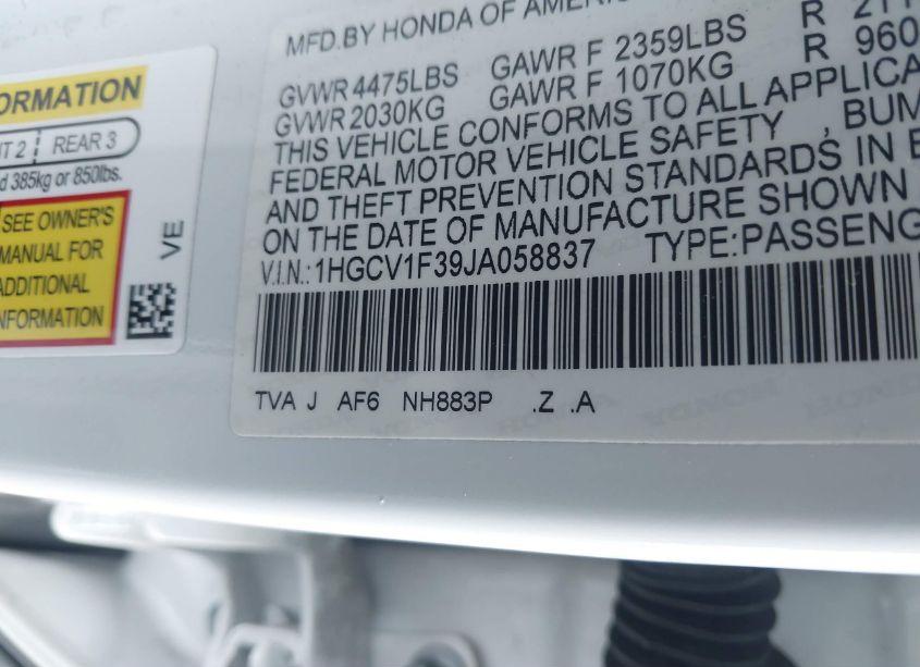 Photo 9 of 2018 Honda Accord SPORT (VIN 1HGCV1F39JA058837)