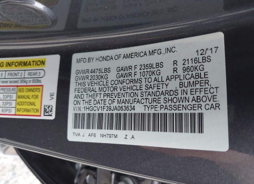 Photo 9 of 2018 Honda Accord SPORT (VIN 1HGCV1F39JA063634)