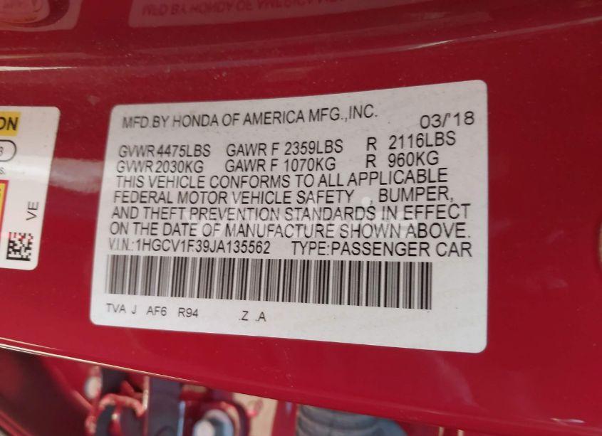 Photo 9 of 2018 Honda Accord SPORT (VIN 1HGCV1F39JA135562)