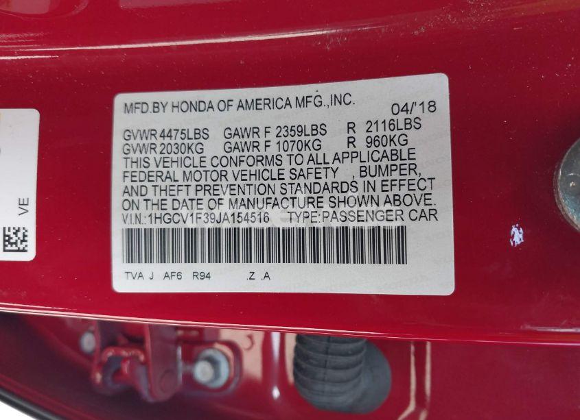 Photo 9 of 2018 Honda Accord SPORT (VIN 1HGCV1F39JA154516)