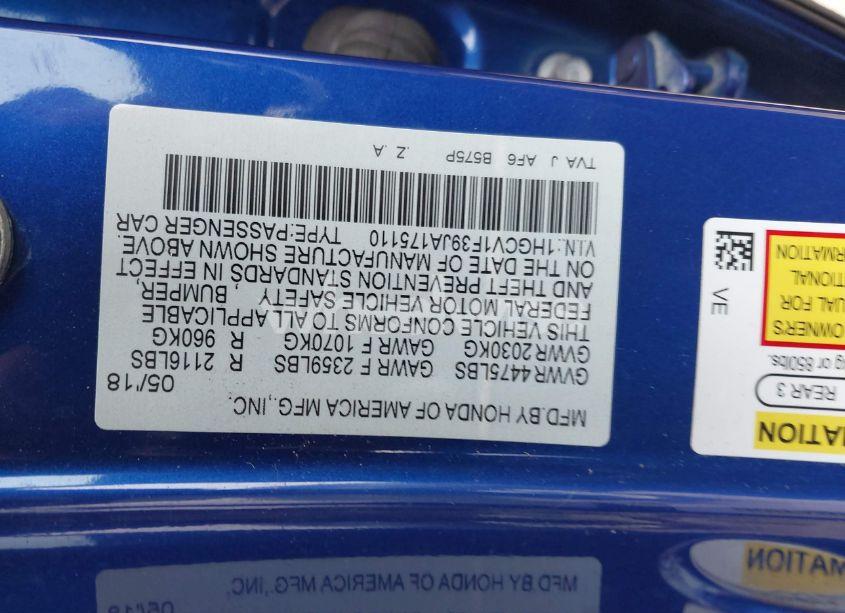 Photo 9 of 2018 Honda Accord SPORT (VIN 1HGCV1F39JA175110)