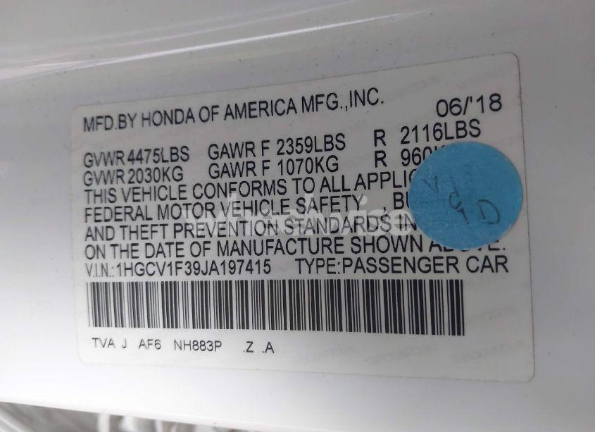 Photo 9 of 2018 Honda Accord SPORT (VIN 1HGCV1F39JA197415)