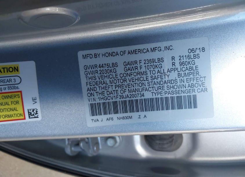 Photo 9 of 2018 Honda Accord SPORT (VIN 1HGCV1F39JA200734)