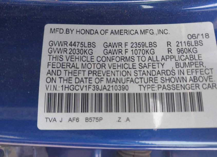 Photo 9 of 2018 Honda Accord SPORT (VIN 1HGCV1F39JA210390)