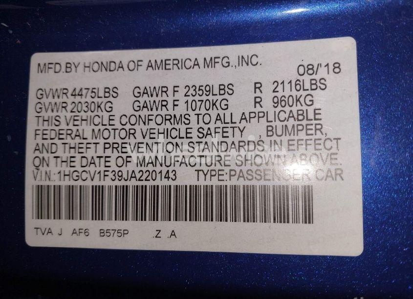 Photo 9 of 2018 Honda Accord SPORT (VIN 1HGCV1F39JA220143)