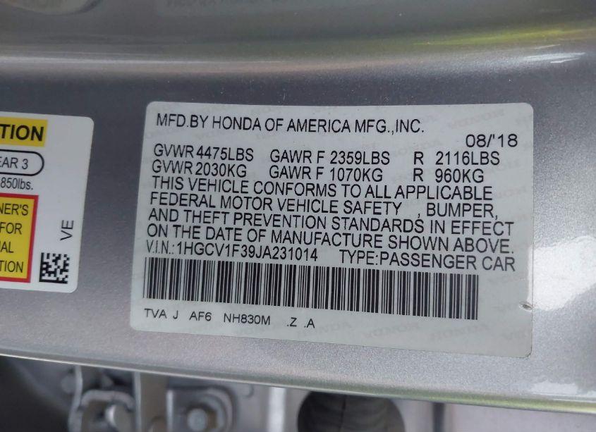 Photo 9 of 2018 Honda Accord SPORT (VIN 1HGCV1F39JA231014)