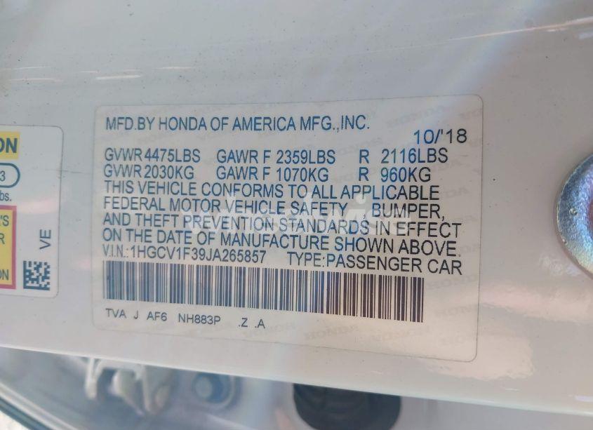 Photo 9 of 2018 Honda Accord SPORT (VIN 1HGCV1F39JA265857)