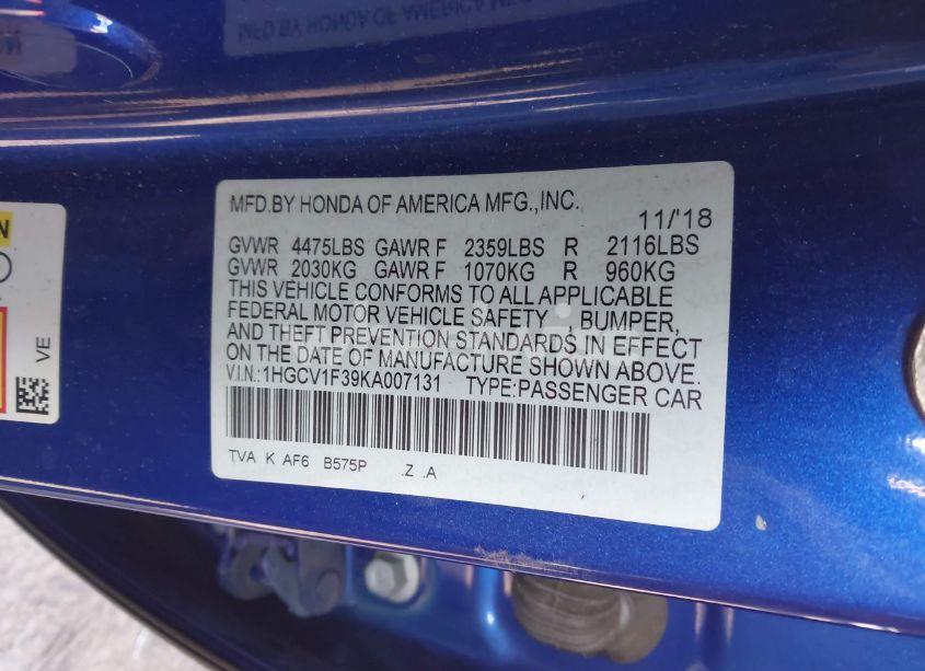 Photo 9 of 2019 Honda Accord SPORT (VIN 1HGCV1F39KA007131)