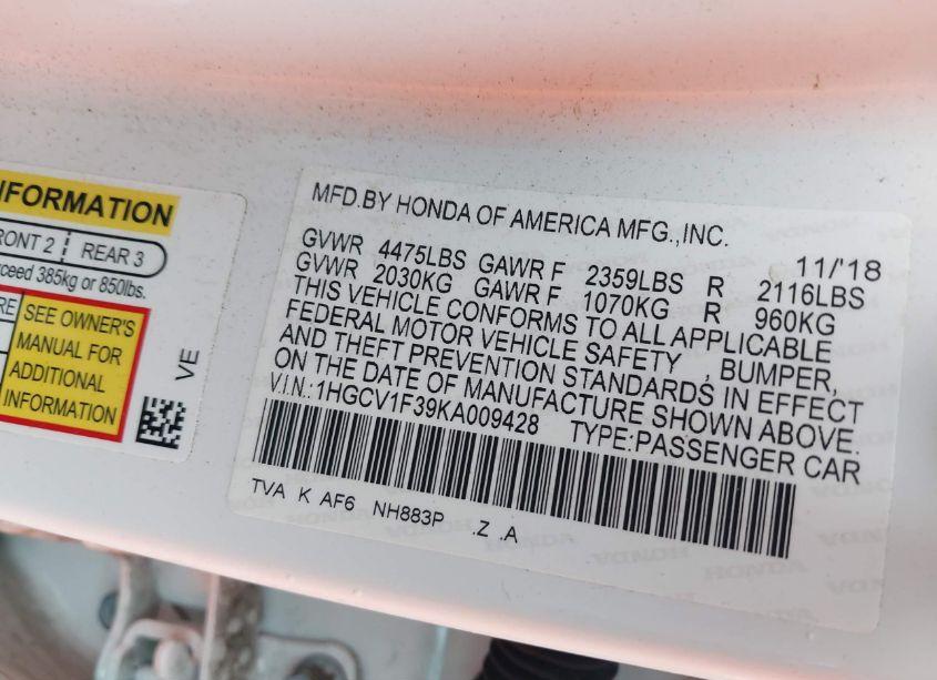 Photo 9 of 2019 Honda Accord SPORT (VIN 1HGCV1F39KA009428)