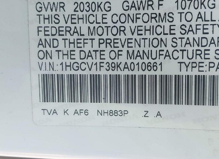 Photo 9 of 2019 Honda Accord SPORT (VIN 1HGCV1F39KA010661)