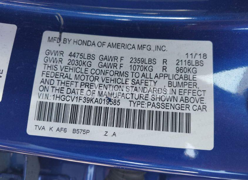 Photo 9 of 2019 Honda Accord SPORT (VIN 1HGCV1F39KA019585)