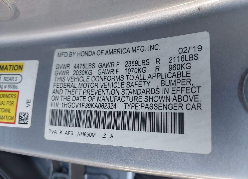 Photo 9 of 2019 Honda Accord SPORT (VIN 1HGCV1F39KA062324)