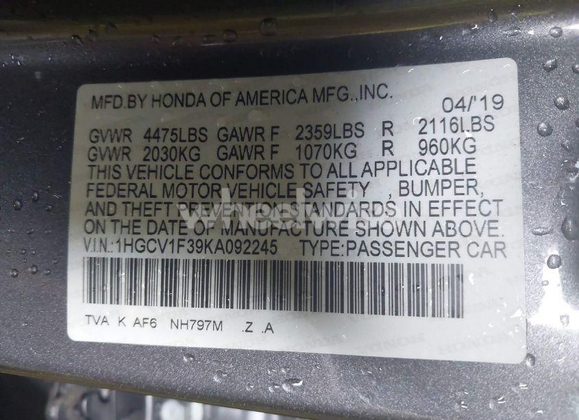 Photo 9 of 2019 Honda Accord SPORT (VIN 1HGCV1F39KA092245)