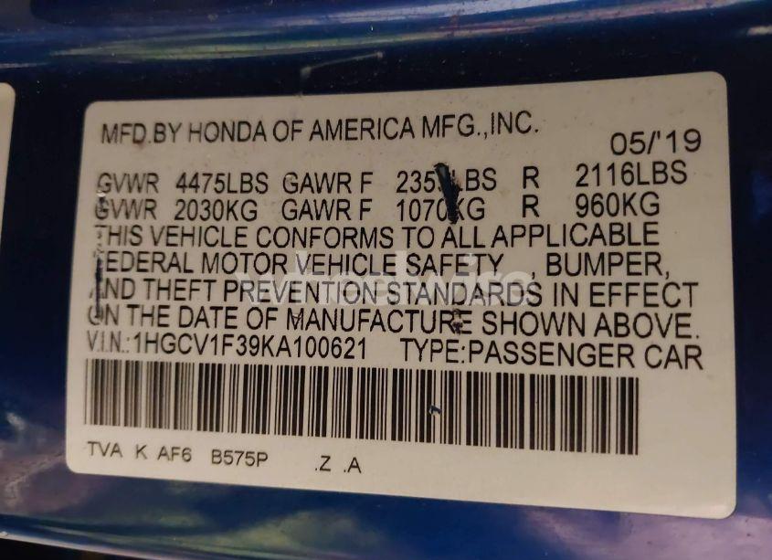 Photo 9 of 2019 Honda Accord SPORT (VIN 1HGCV1F39KA100621)