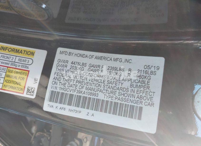 Photo 9 of 2019 Honda Accord SPORT (VIN 1HGCV1F39KA108993)