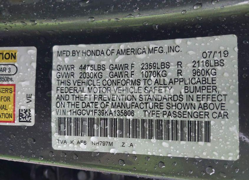 Photo 9 of 2019 Honda Accord SPORT (VIN 1HGCV1F39KA135806)