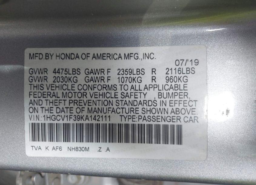 Photo 9 of 2019 Honda Accord SPORT (VIN 1HGCV1F39KA142111)