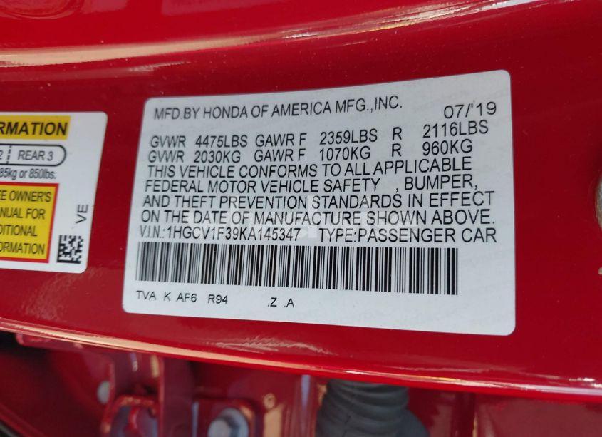 Photo 9 of 2019 Honda Accord SPORT (VIN 1HGCV1F39KA145347)