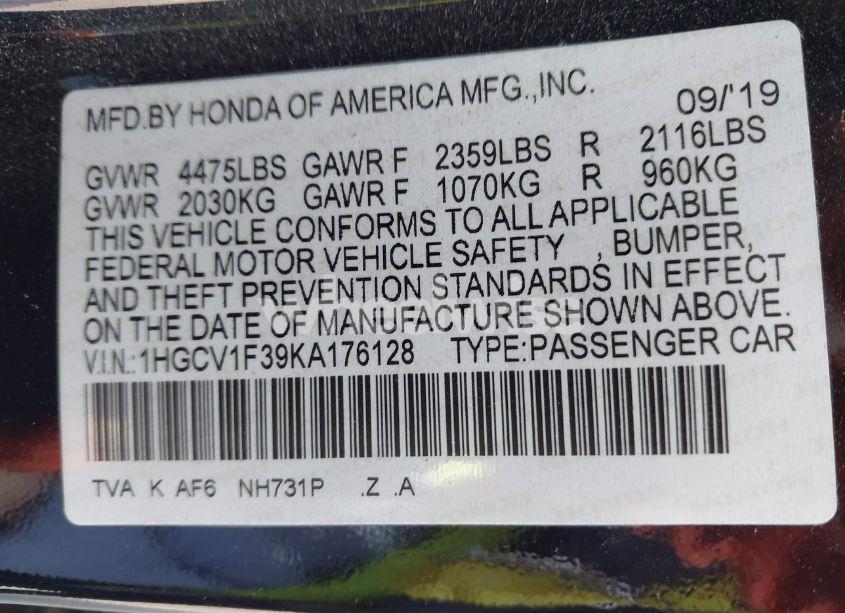 Photo 9 of 2019 Honda Accord SPORT (VIN 1HGCV1F39KA176128)