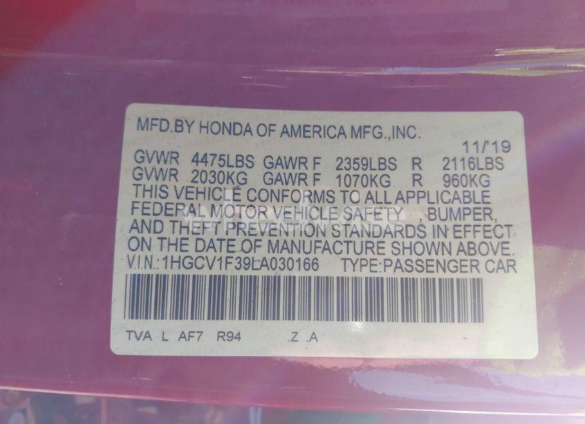 Photo 9 of 2020 Honda Accord SPORT (VIN 1HGCV1F39LA030166)