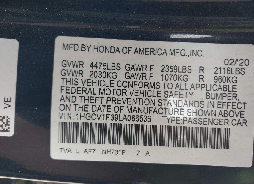 Photo 9 of 2020 Honda Accord SPORT (VIN 1HGCV1F39LA066536)