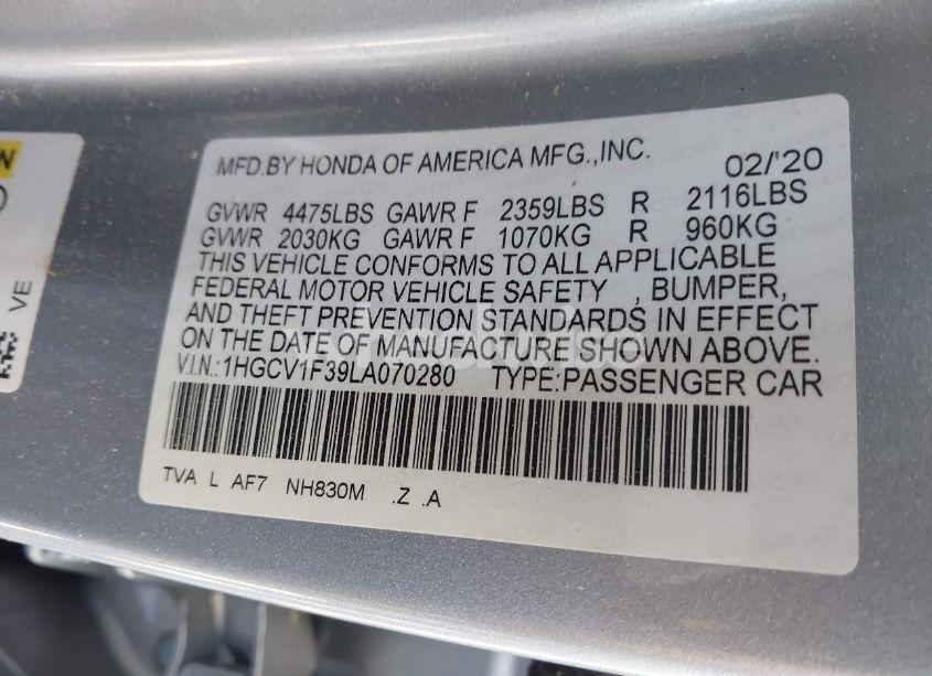 Photo 9 of 2020 Honda Accord SPORT (VIN 1HGCV1F39LA070280)