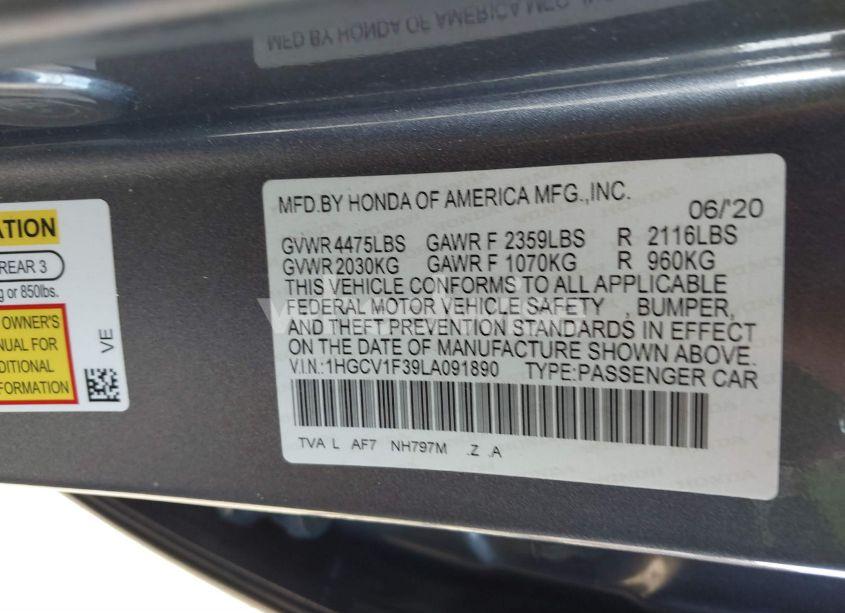 Photo 9 of 2020 Honda Accord SPORT (VIN 1HGCV1F39LA091890)