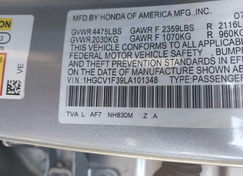 Photo 9 of 2020 Honda Accord SPORT (VIN 1HGCV1F39LA101348)
