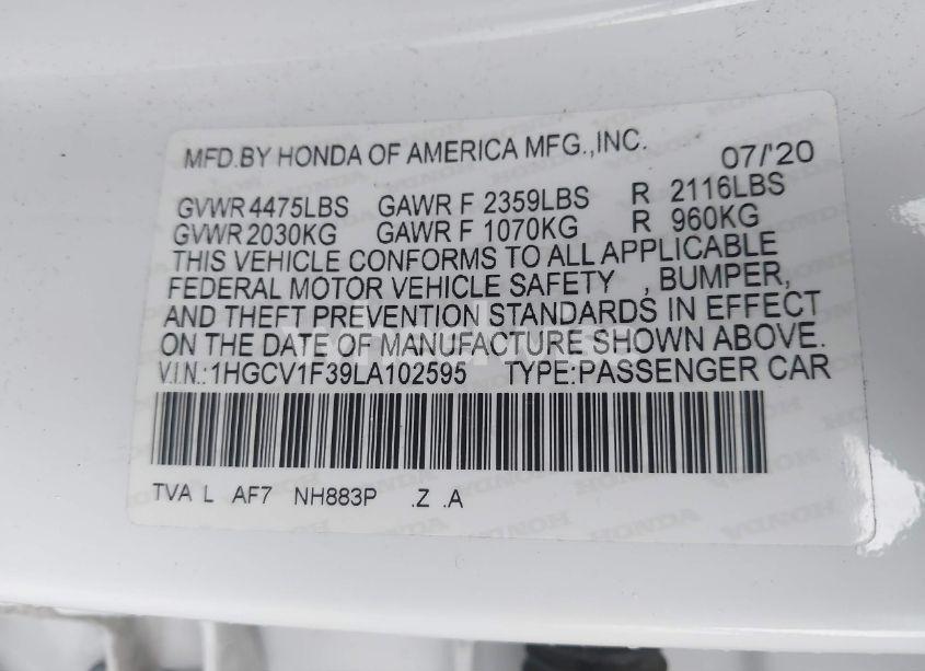 Photo 9 of 2020 Honda Accord SPORT (VIN 1HGCV1F39LA102595)