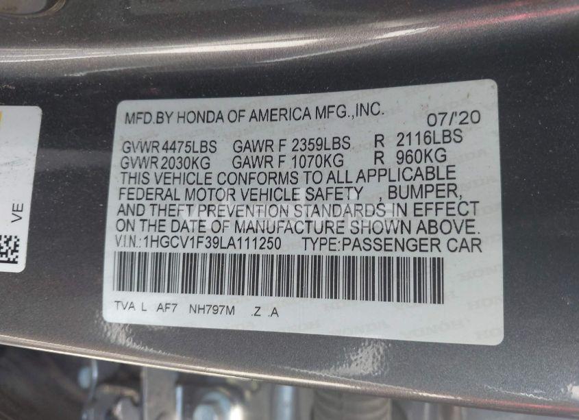 Photo 9 of 2020 Honda Accord SPORT (VIN 1HGCV1F39LA111250)