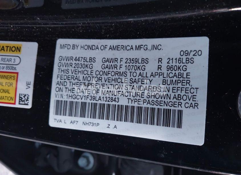 Photo 9 of 2020 Honda Accord SPORT (VIN 1HGCV1F39LA132843)