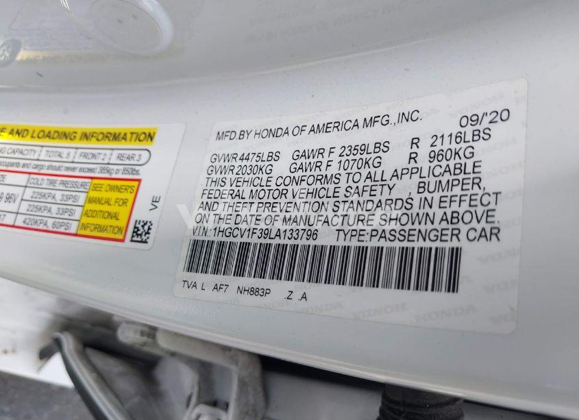 Photo 9 of 2020 Honda Accord SPORT (VIN 1HGCV1F39LA133796)