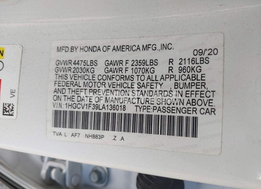 Photo 9 of 2020 Honda Accord SPORT (VIN 1HGCV1F39LA136018)