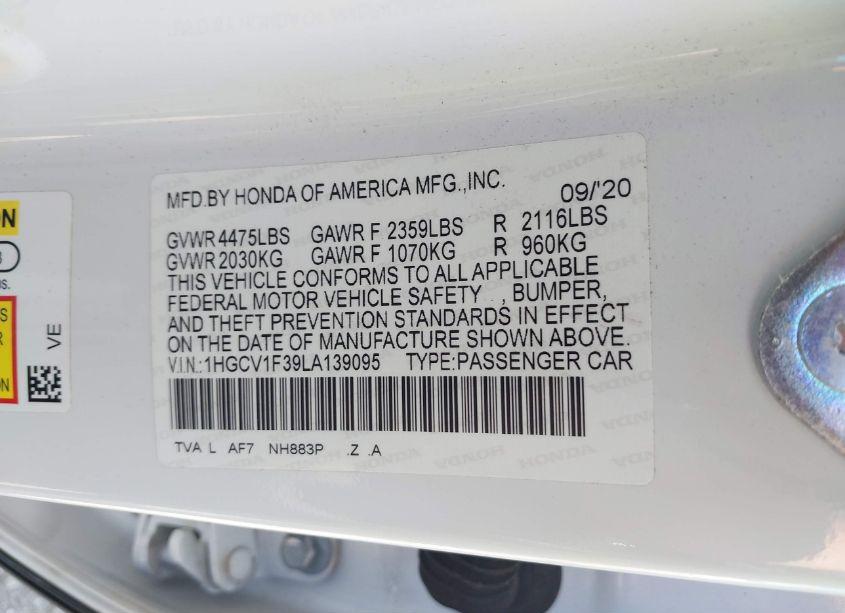 Photo 9 of 2020 Honda Accord SPORT (VIN 1HGCV1F39LA139095)