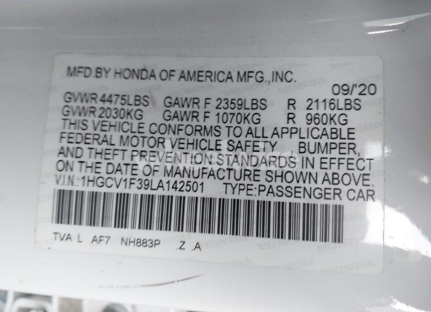 Photo 9 of 2020 Honda Accord SPORT (VIN 1HGCV1F39LA142501)