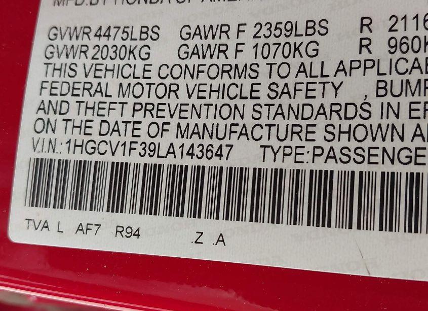 Photo 9 of 2020 Honda Accord SPORT (VIN 1HGCV1F39LA143647)