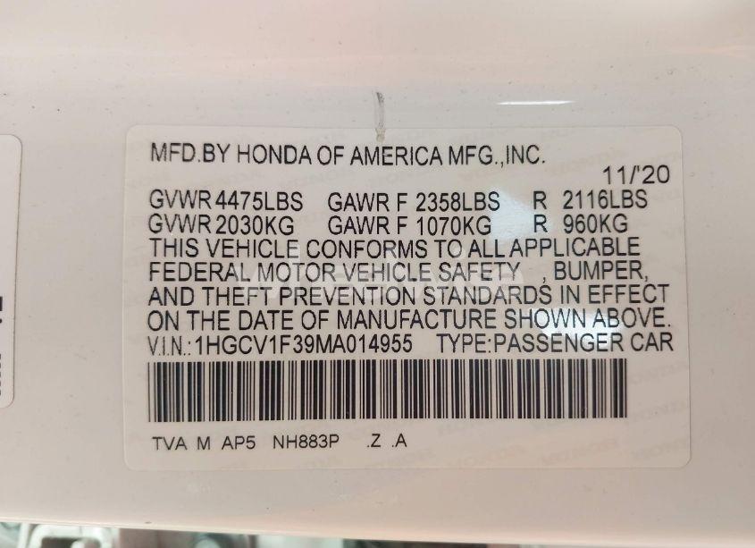 Photo 9 of 2021 Honda Accord SPORT (VIN 1HGCV1F39MA014955)