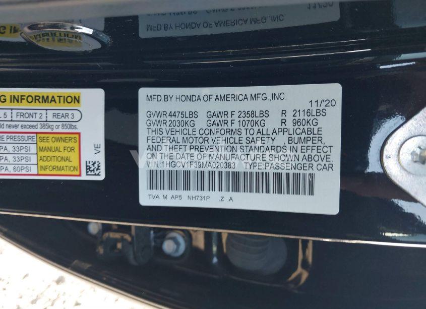 Photo 9 of 2021 Honda Accord SPORT (VIN 1HGCV1F39MA020383)