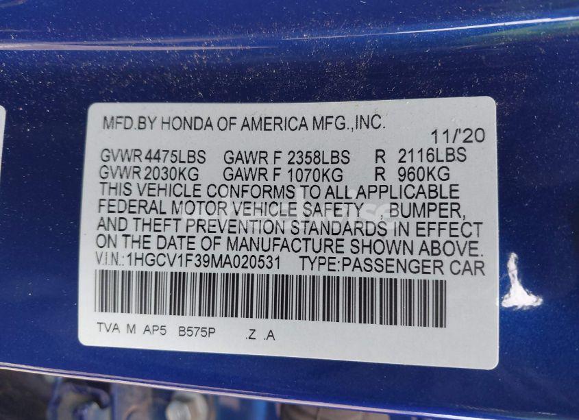 Photo 9 of 2021 Honda Accord SPORT (VIN 1HGCV1F39MA020531)