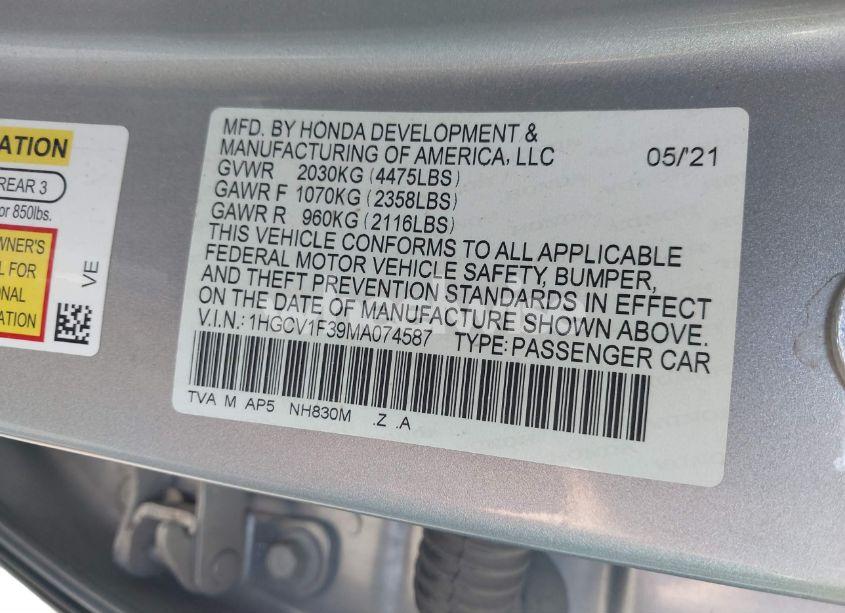 Photo 9 of 2021 Honda Accord SPORT (VIN 1HGCV1F39MA074587)