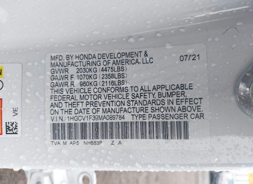 Photo 9 of 2021 Honda Accord SPORT (VIN 1HGCV1F39MA089784)