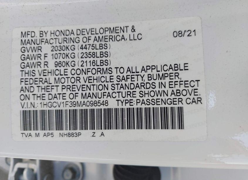 Photo 9 of 2021 Honda Accord SPORT (VIN 1HGCV1F39MA098548)