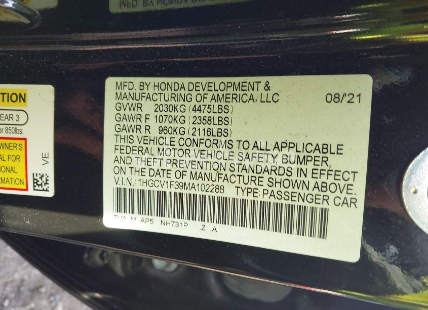 Photo 9 of 2021 Honda Accord SPORT (VIN 1HGCV1F39MA102288)